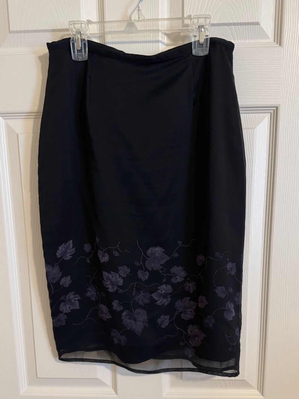 Y2K Express Black Chiffon Midi Skirt with Purple Leaves